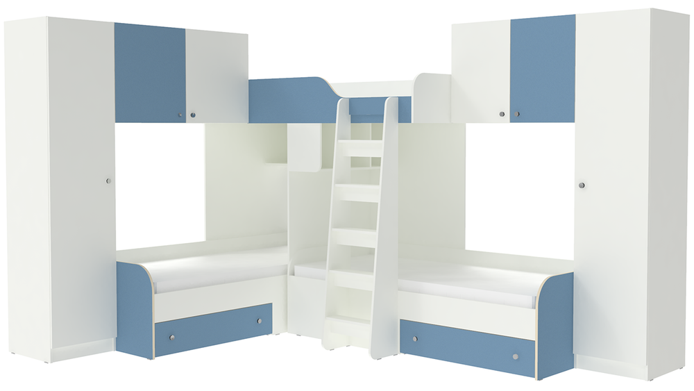 Трехместная кровать КарИВи Трио 3 Белый  Светло-синий, голубой