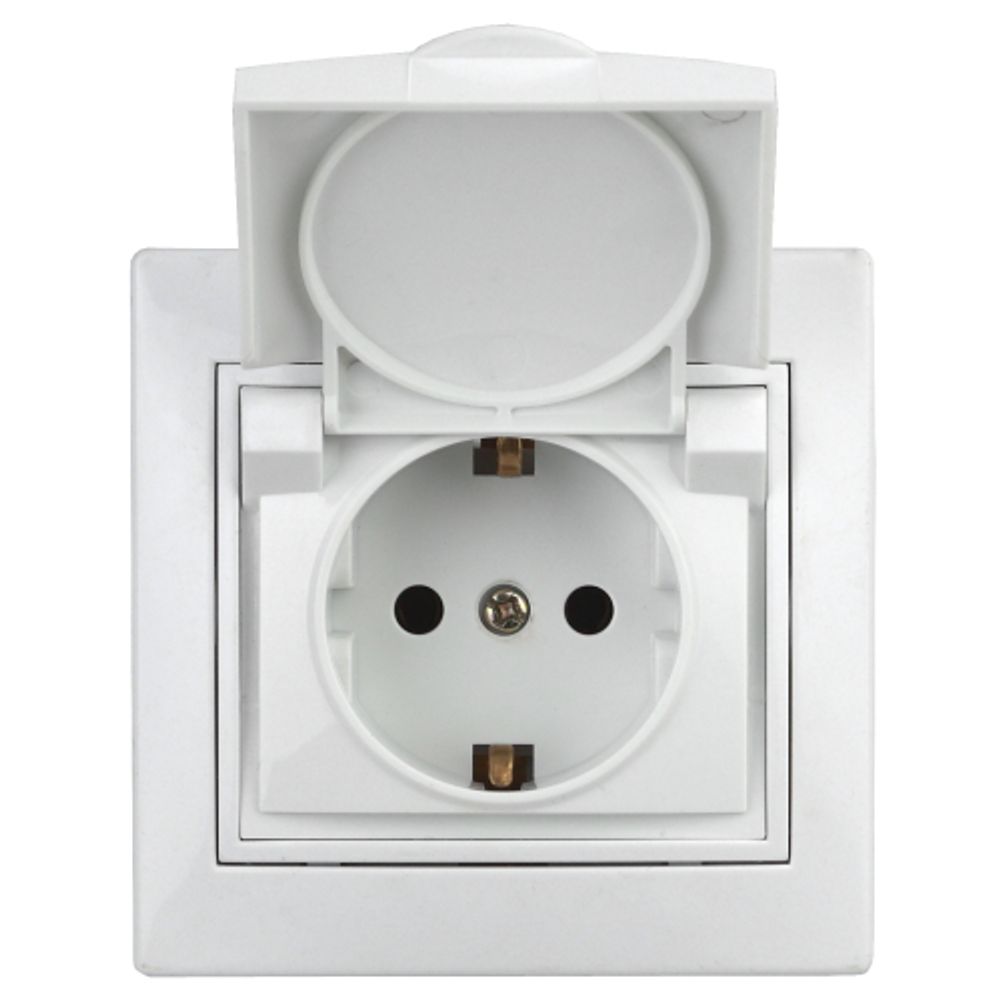 Розетка Intro Plano 1-209-01 с заземлением 2P+E Schuko с крышкой штор., 16А-250В, IP20, скрытой установки, IP44, белый