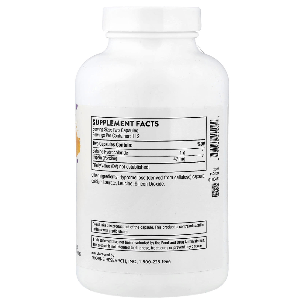 Thorne, Бетаингидрохлорид и пепсин, 225 капсул