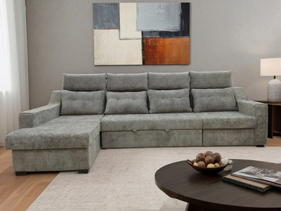 Անկյունային, մոխրագույն, տեքստիլ, 2 տեղ, 334 x 90 սմ