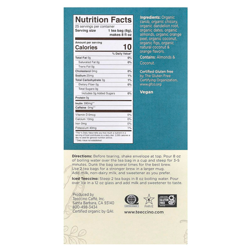 Teeccino, Жареный травяной чай, одуванчик и кокос, без кофеина, 25 чайных пакетиков, 150 г (5,3 унции)