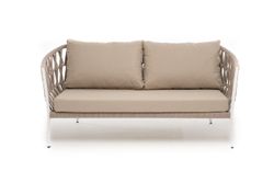 "Диего" диван 2-местный плетеный из роупа, каркас алюминий белый муар, роуп бежевый круглый, ткань бежевая 052