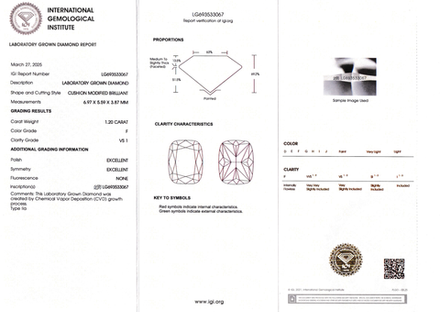 Лабораторно-выращенный бриллиант кушон 6.97 х 5.59 х 3.87 мм F/VS1 1.20 ct