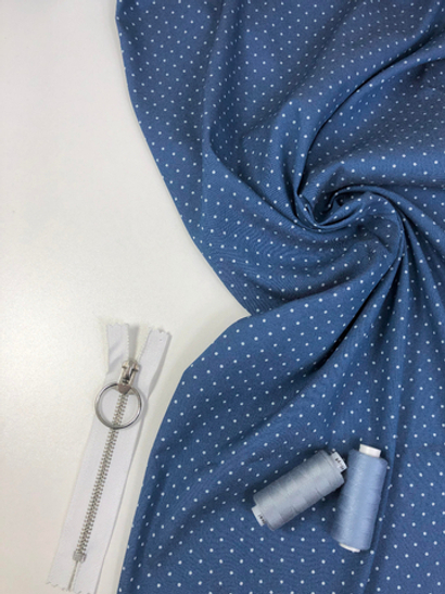 Джинс принт горох мелкий, белый/голубой, облегченный D1С2