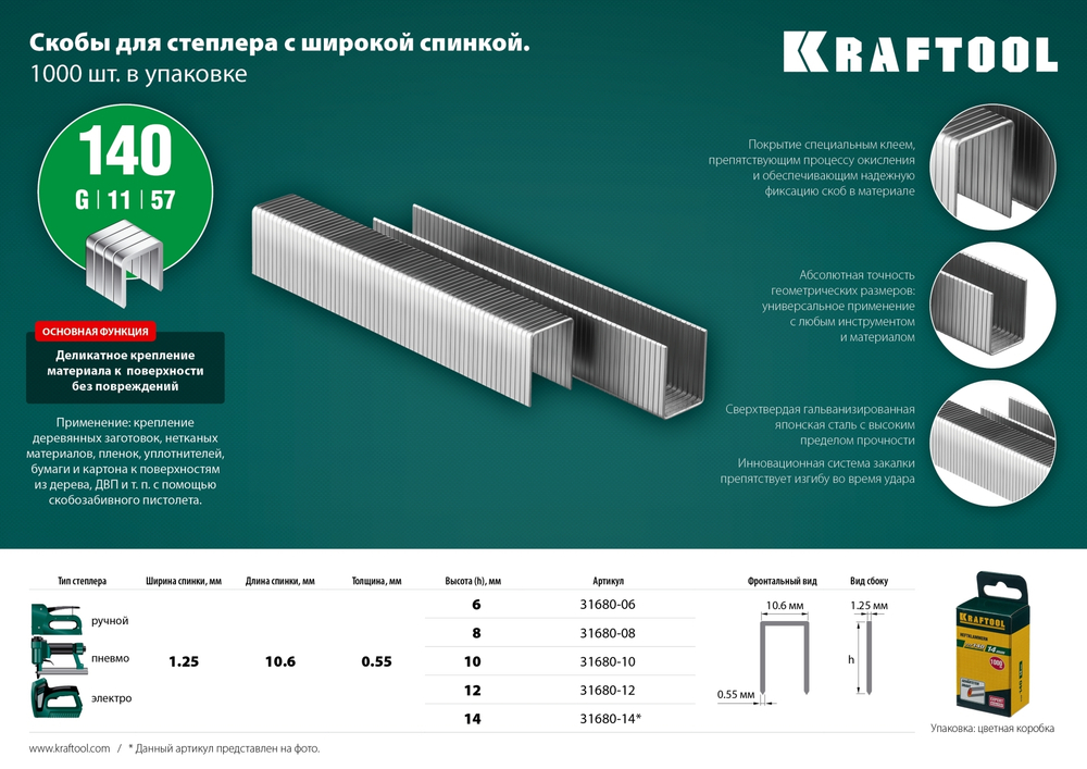 KRAFTOOL 8 мм скобы для степлера широкие тип 140, 1000 шт