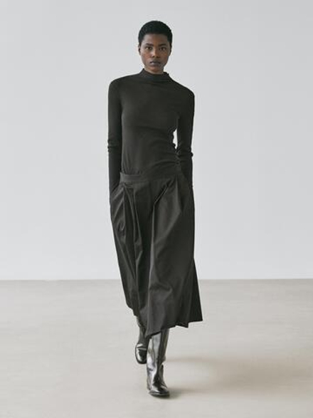 Massimo Dutti Хлопковая футболка в рубчик с длинными рукавами, черный