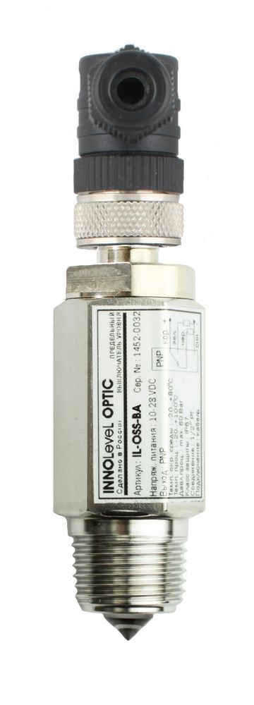 Оптический контактный датчик уровня жидкостей INNOLEVEL в корпусе из нерж. стали, -20 +100 С, Pmax=60 bar, 10-28 VDC, IP67, резьба 1/2", выход PNP NO+NC, разъем M12x4 pin