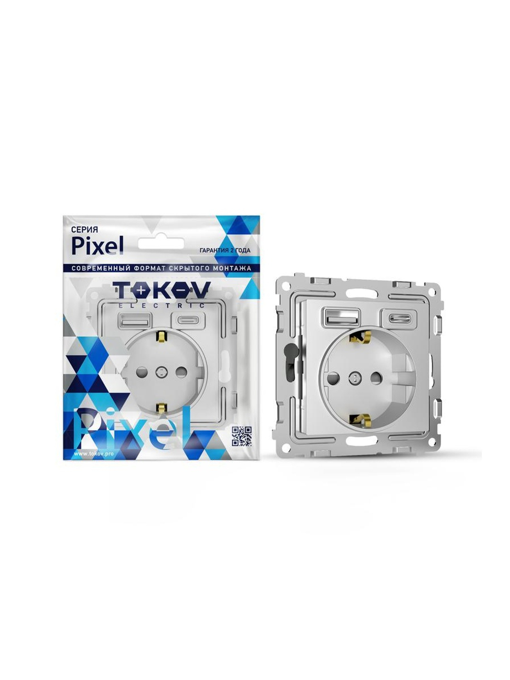 Розетка 1-м СП Pixel IP20 с заземл. с 2-мя заряд. устр. USB тип A+C механизм алюм. TOKOV ELECTRIC TKE-PX-R1U2AC-C03