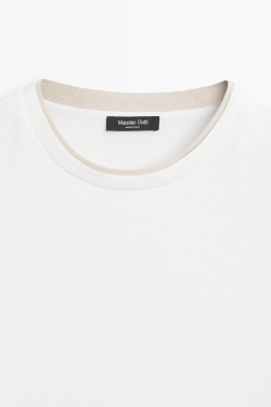 Massimo Dutti Футболка из хлопка и льна с двойным воротом, белый