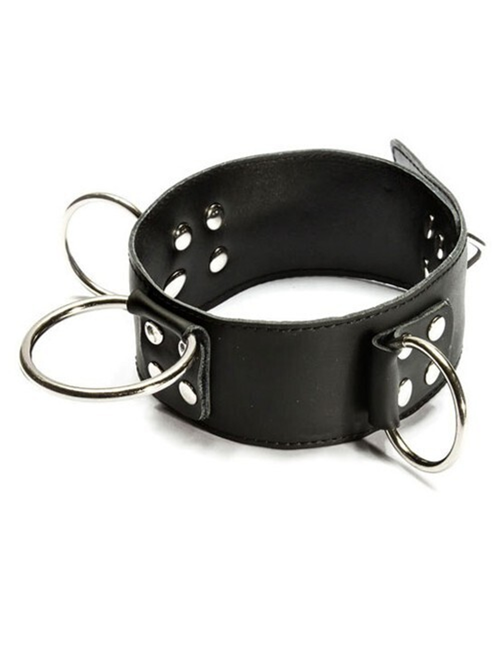 Кожаный ошейник замочком с 3 кольцами (Цвет: черный с серебряным)