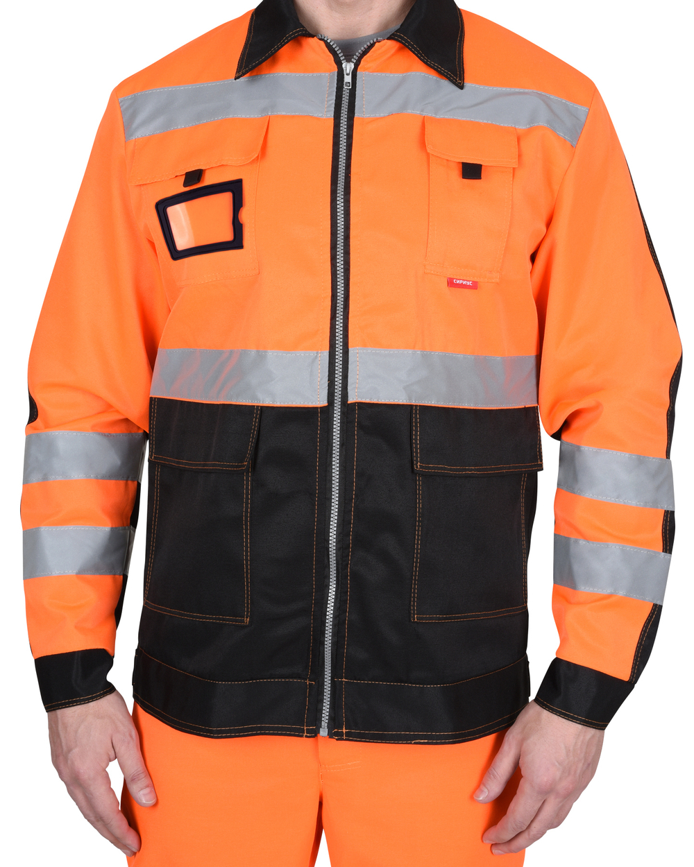 Костюм СИРИУС-МАГИСТРАЛЬ-ЛЮКС куртка кор. с бейджем, брюки, оранжевый с чёрным и СОП