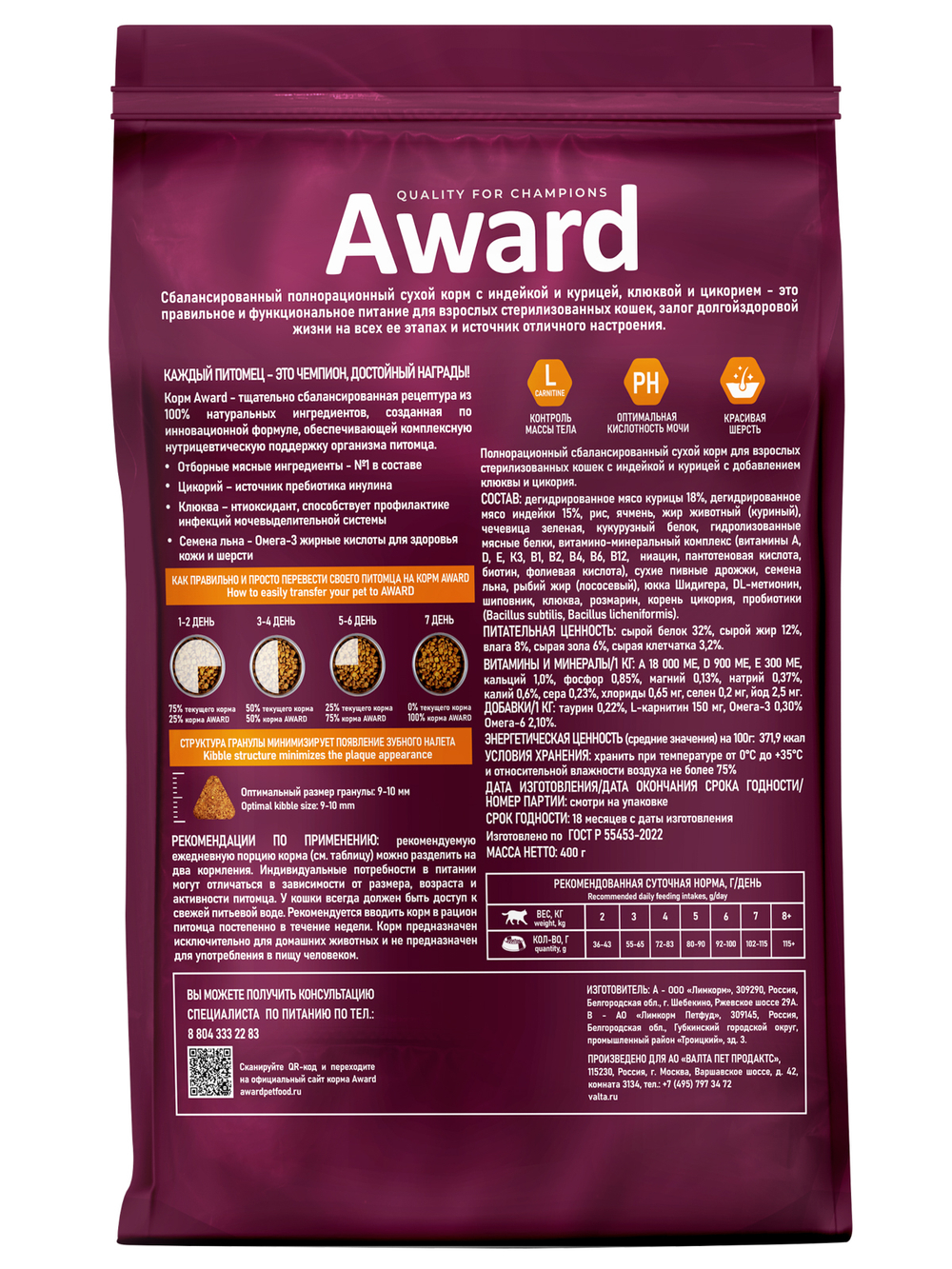 Сухой корм AWARD Sterilized для взрослых стерилизованных кошек с индейкой и курицей с добавлением клюквы и цикория