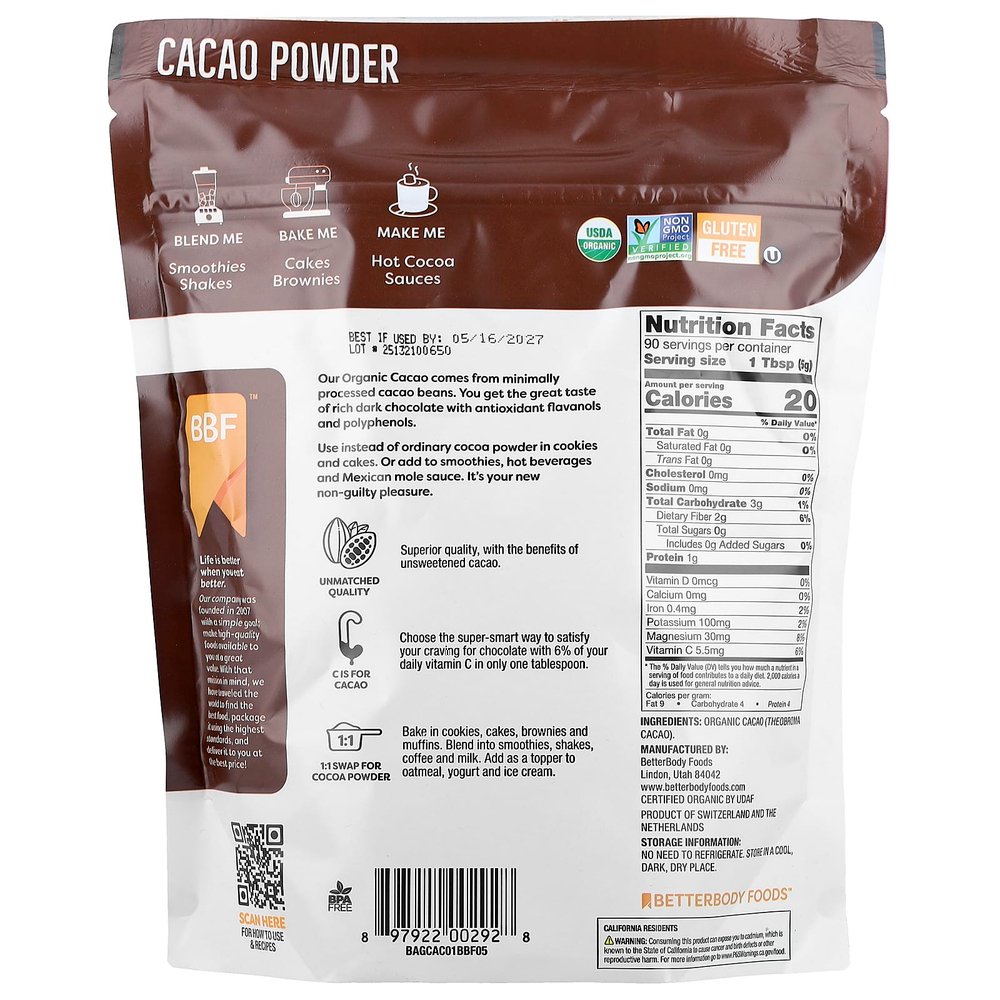 BetterBody Foods, органический какао-порошок, 454 г (16 унций)