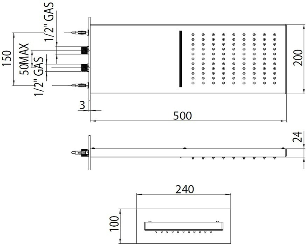 Bossini Manhattan верхний душ/панель настенный 500х200х24 из стали с режимами тропический душ, каскад, цвет черный матовый