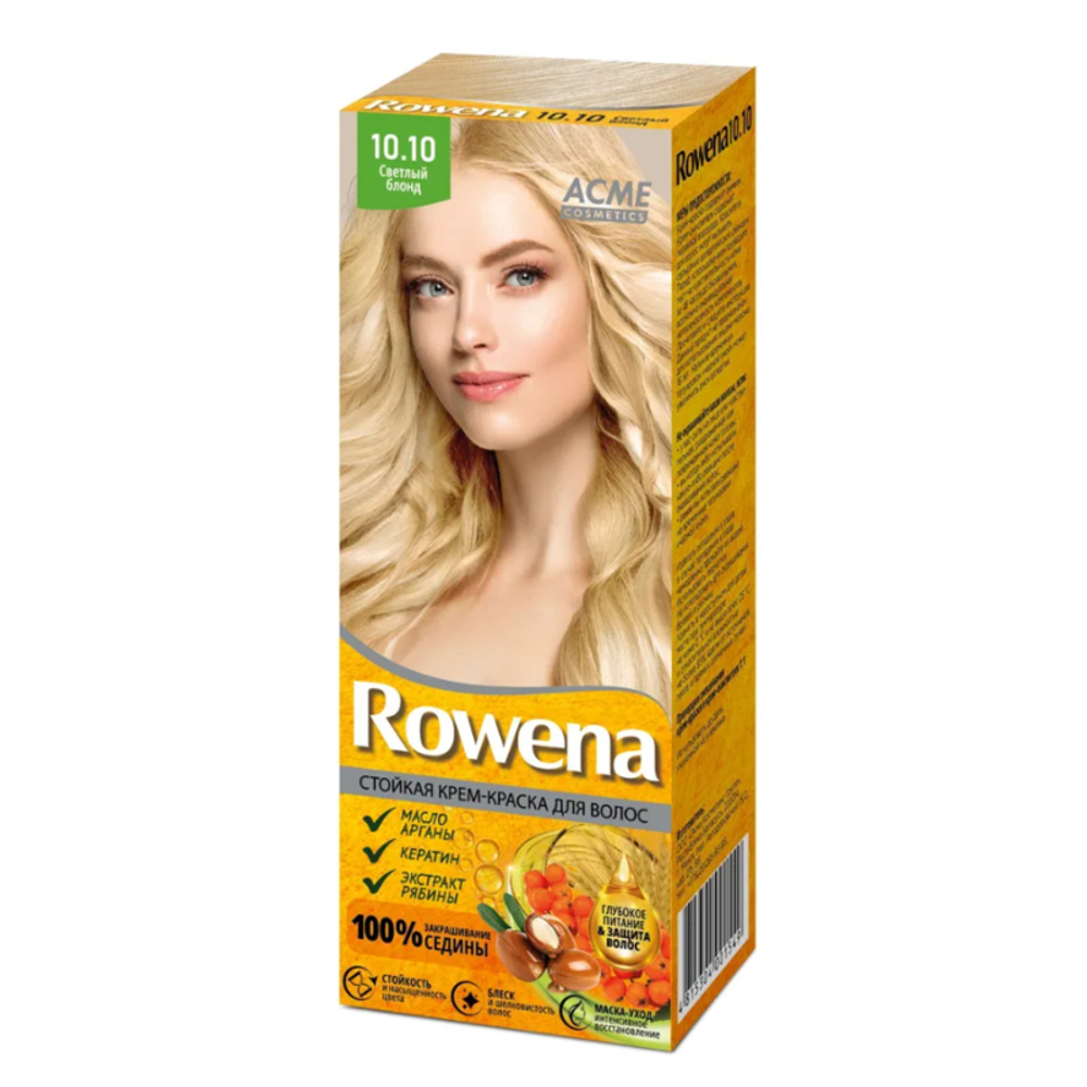 "ROWENA" Стойкая Крем-краска для волос тон 10,10 Светлый Блонд (100% закрашивание седины) 115 мл