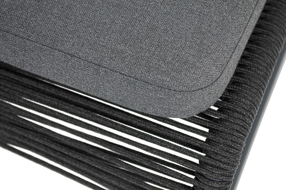 "Ането" стул плетеный из роупа, каркас алюминий темно-серый (RAL7024) муар, роуп темно-серый круглый, ткань темно-серая 027