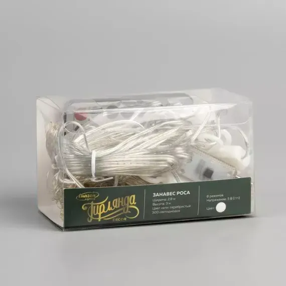 Занавес-роса 2.8×3 м. на крючках, пульт, IP20, серебристая нить, 300 белых LED, 8 режимов, USB, Luazon Lighting (4814716)