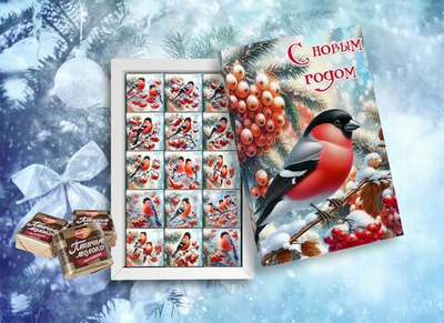 Шокобокс С новым годом,Снегири, 15 конфет, ручная работа