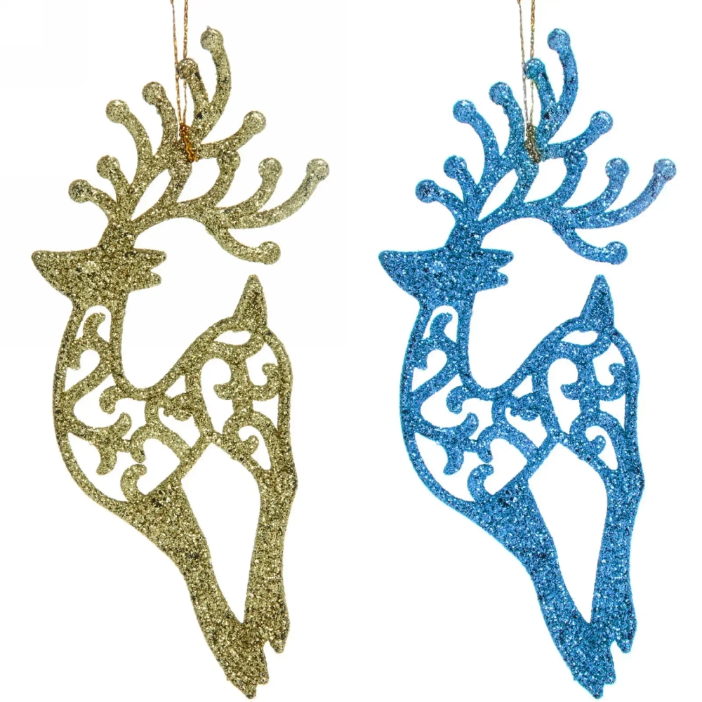 Подвески в блестках «Олень» 14 см (набор 2шт), синий/золото
