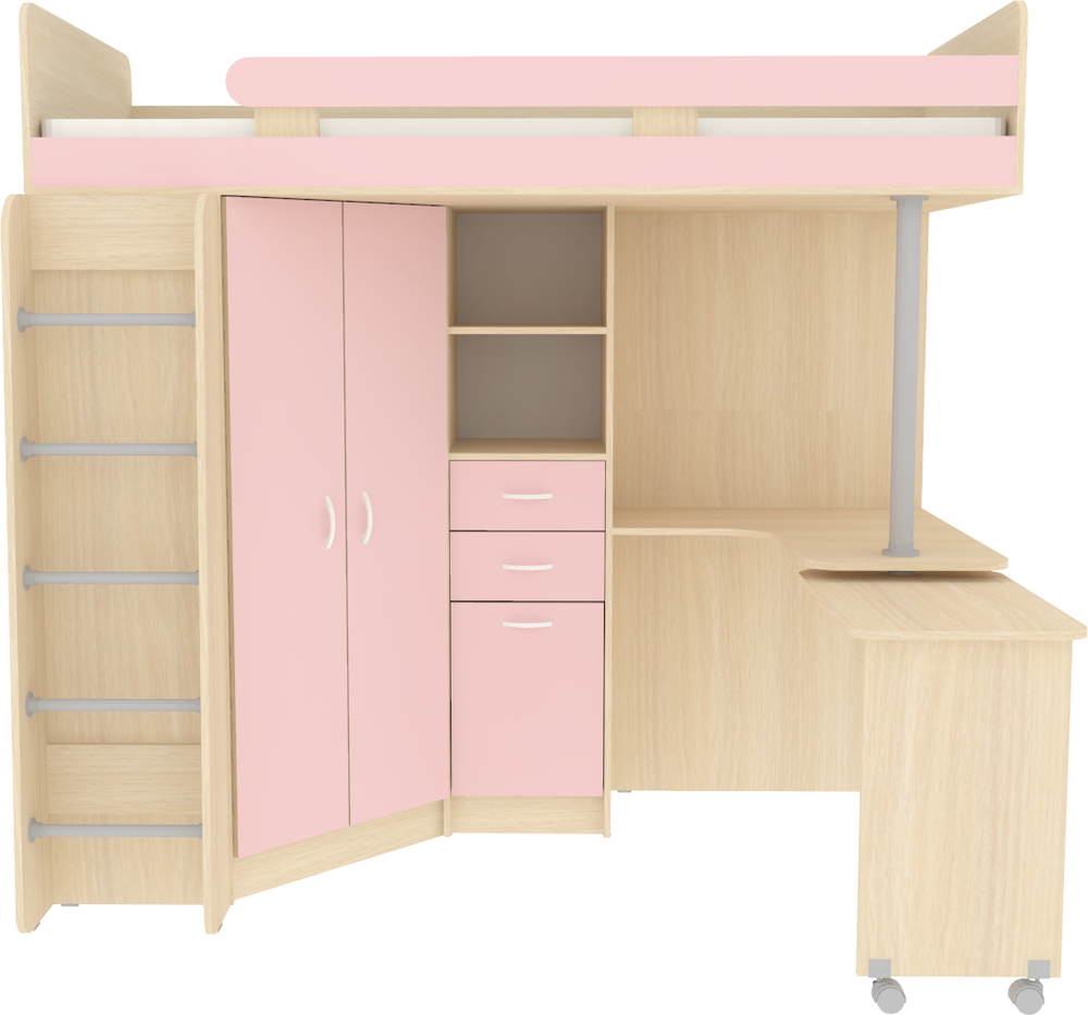 Кровать-чердак КарИВи Юниор 3 с металлической лестницей  Дуб Молочный Розовый