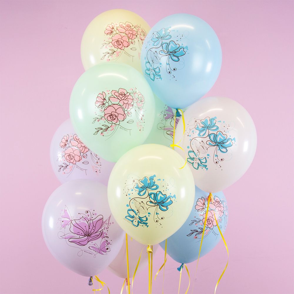 Шар (12''/30 см) Акварельные цветы, Ассорти, макарунс, 1 ст, 25 шт.