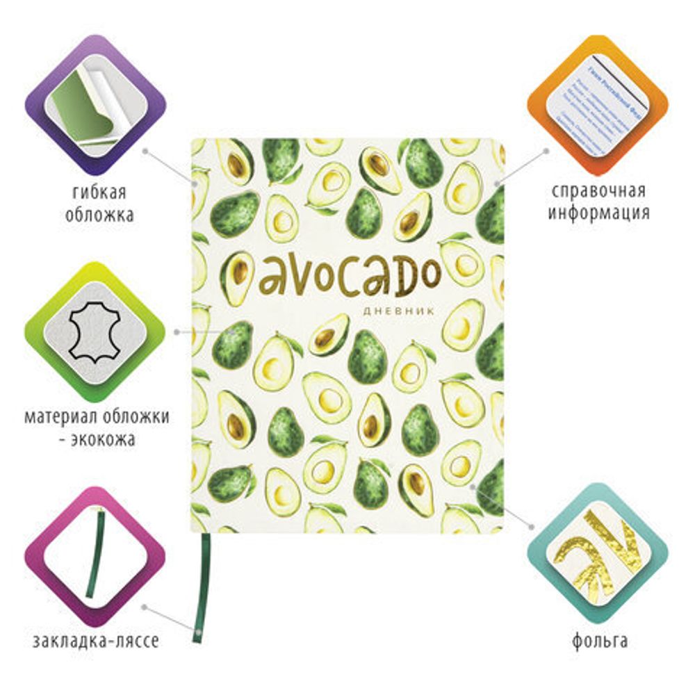Дневник 1-11 класс 48 л., кожзам (гибкая), печать, фольга, BRAUBERG, "Avocado", 105974