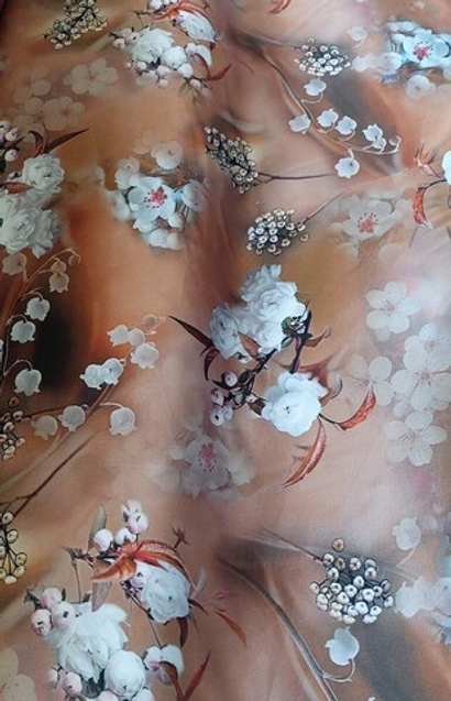 Штапель принт silk цветы белые на коричневом D32C1