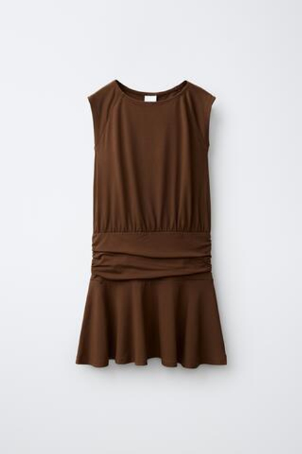 ZARA ПЛАТЬЕ С ПОЯСОМ И ВОЛАНОМ, КОРИЧНЕВЫЙ