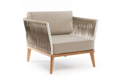 "Касабланка" кресло плетеное из роупа, основание дуб, каркас алюминий светло-серый (RAL7035) муар, роуп серо-коричневый 23мм, ткань бежевая 052