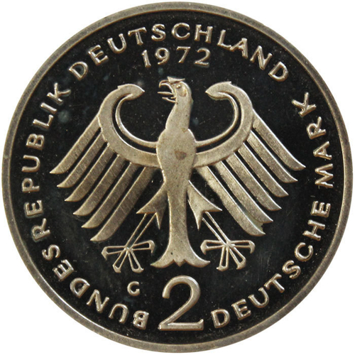 2 марки. 20 лет ФРГ - Теодор Хойс. (G) Германия. Медноникель. 1972 г. PROOF