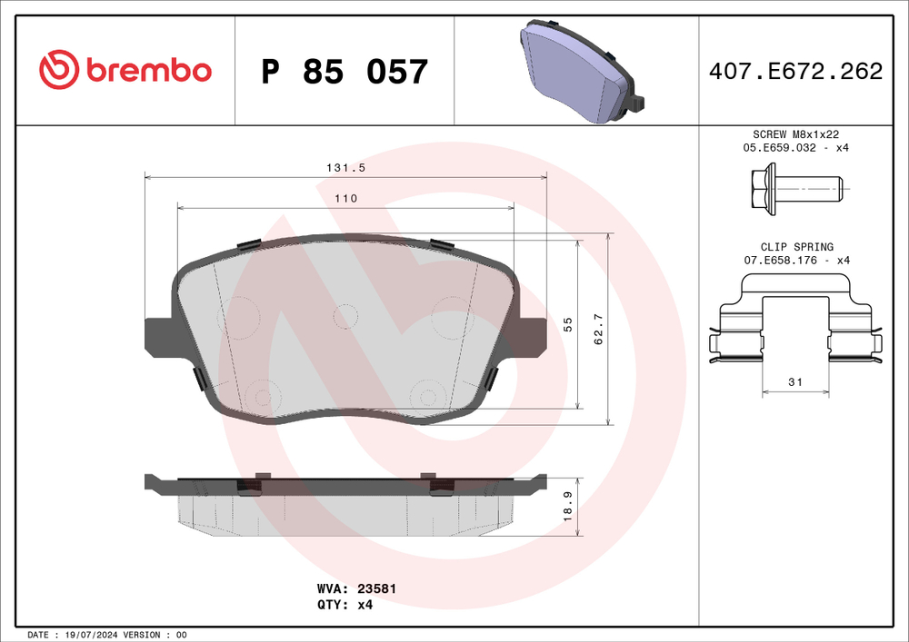 BREMBO - P85057-BRB - Brake Pad Set, disc brake