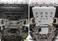 Защита картера, КПП и РК Rival для Maserati Levante I рестайлинг (V - 3.0 (350/430 л.с.); 3.0D (275 л.с.)) (с 2018 года с ЭУР) 2017-н.в., штампованная, алюминий 4 мм, с крепежом, 2 части, K333.3603.1