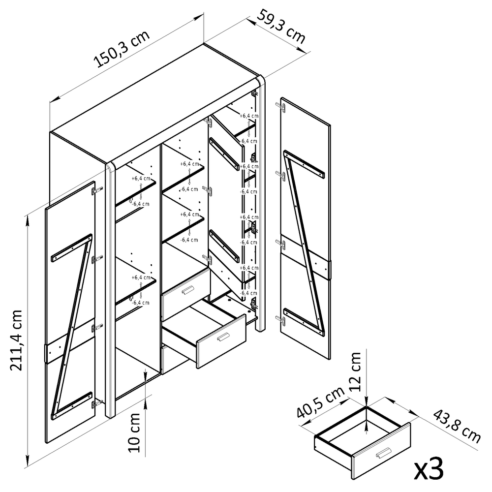 Шкаф деревянный 3 двери 3 ящика Мадейра из массива сосны