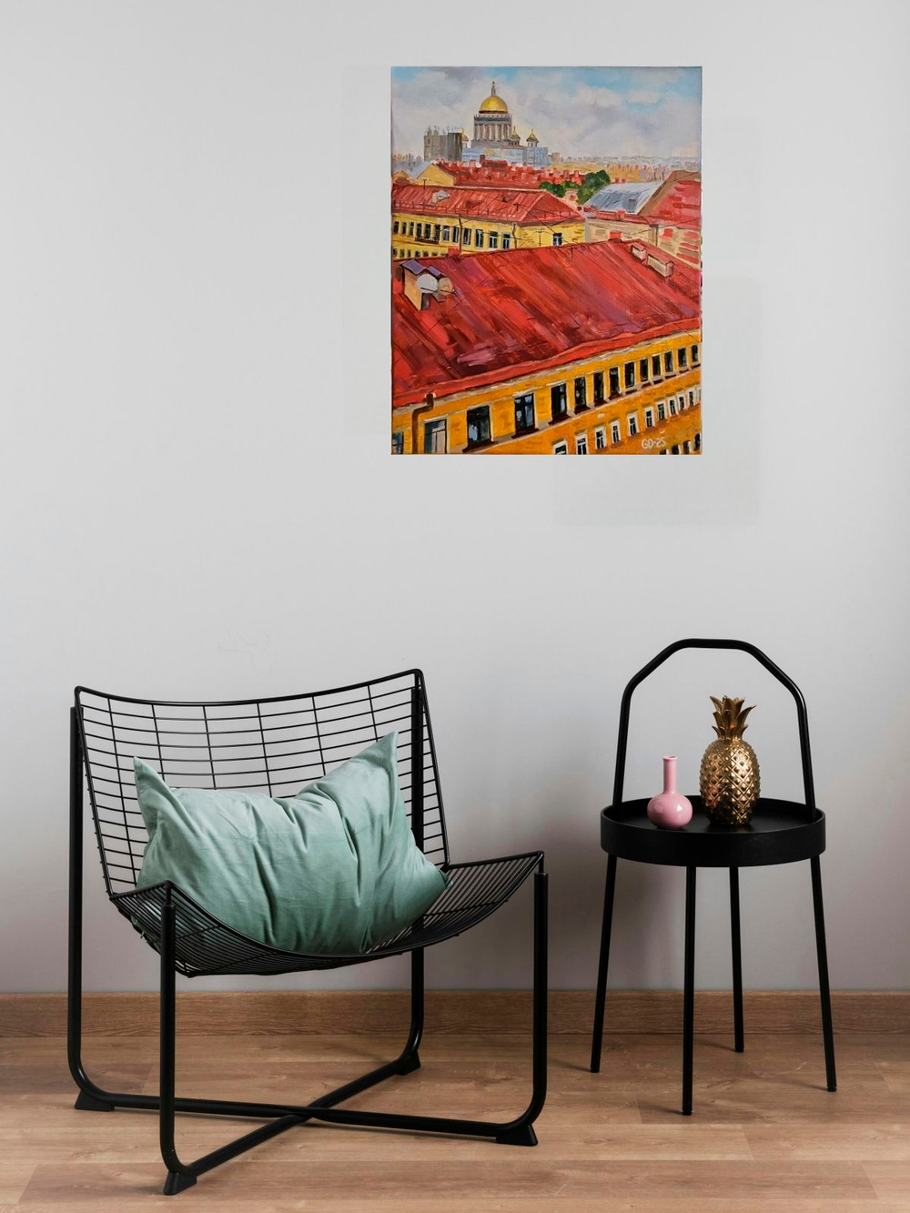 Картина авторская маслом на холсте 33х41 см на стену для интерьера "Крыши"