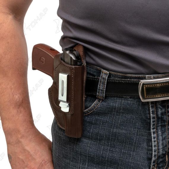 Кобура поясная к ПМ универсальная с пружиной для скрытого ношения(кожа) коричневая (HS-ПК-7к) Helios