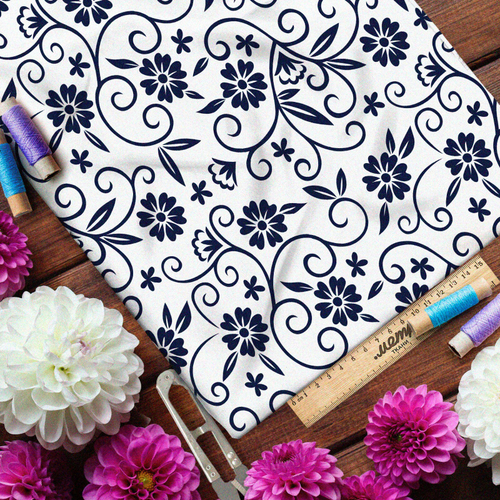 Ткань поплин роспись синими цветами на бежевом фоне