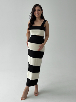 Комплект вязаный, в полоску, топ на лямках и длинная юбка