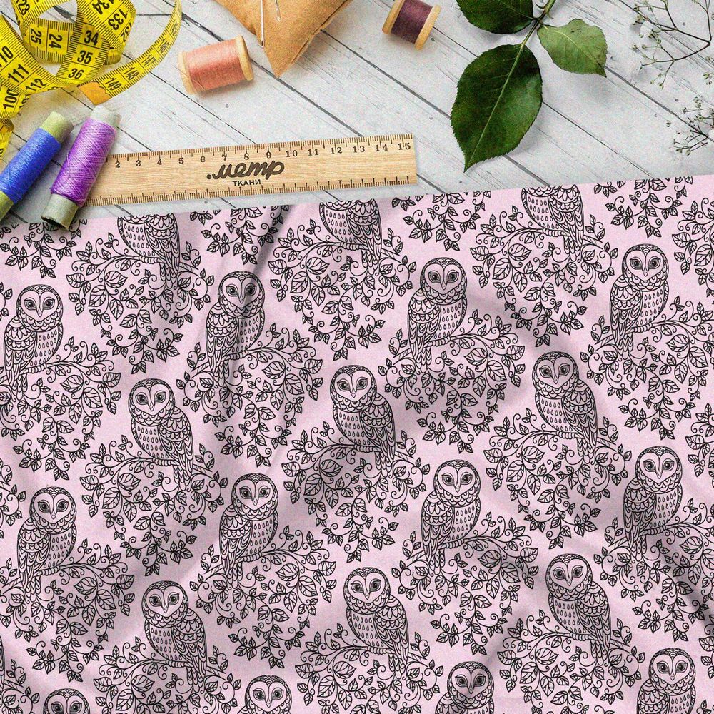 Ткань оксфорд 600 резные эскизы сов на ветках
