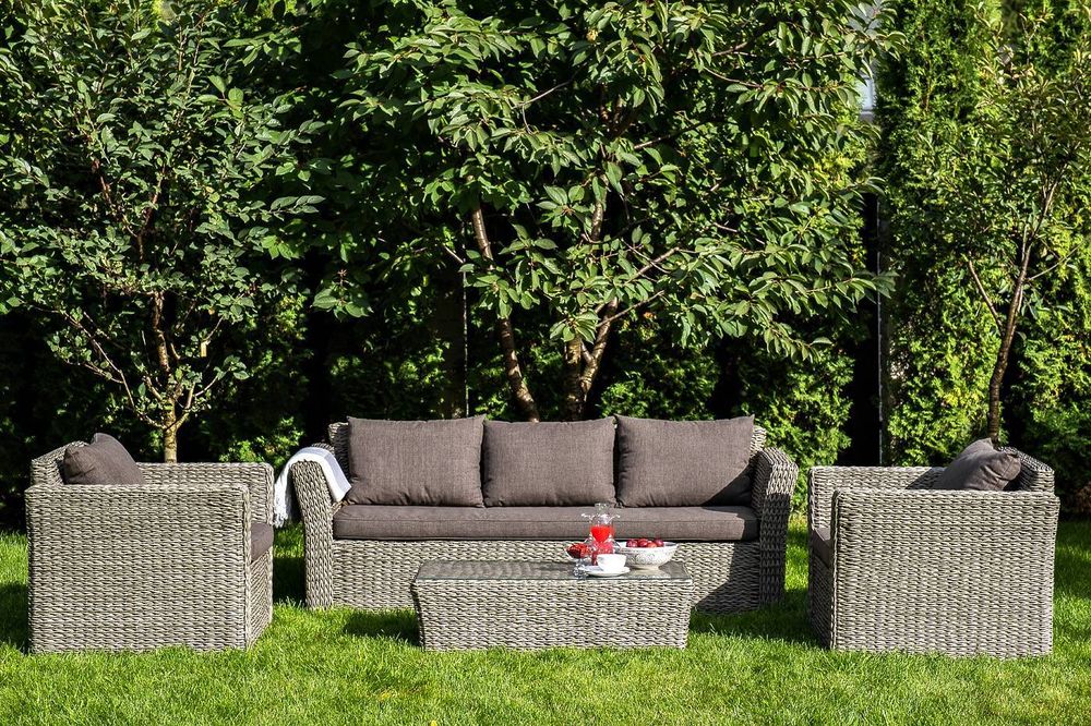 "Капучино" диван из искусственного ротанга (гиацинт) трехместный с подушками, цвет серый