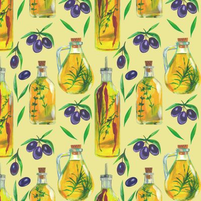 Бутылки с оливковым маслом и оливками