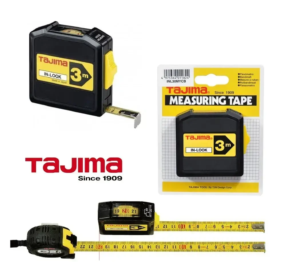 Рулетка TAJIMA In Lock (INL30MY) 3м/13мм, с окошком для внутренних измерений,2-х сторонняя шкала