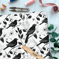 Ткань премиум атлас темные соловьи на белом