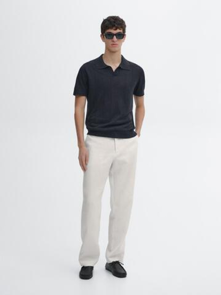 Massimo Dutti Льняной трикотажный свитер с воротником-поло, темно-синий