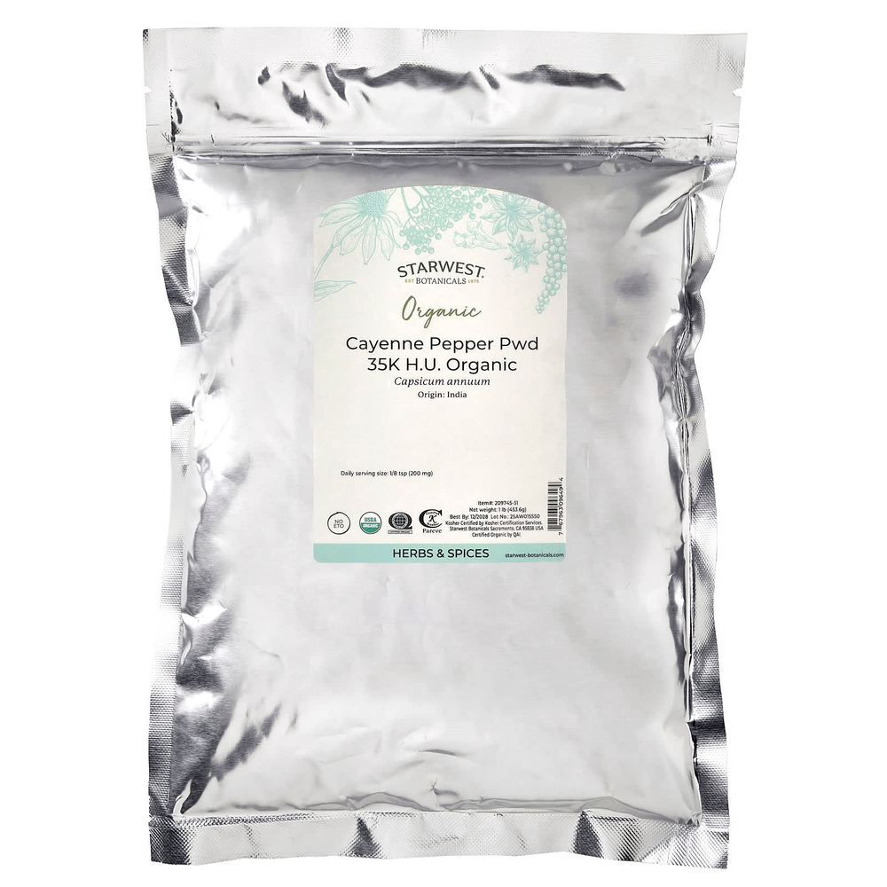 Starwest Botanicals, Порошок органического кайенского перца, 35K H.U., 1 унция (453.6 г)