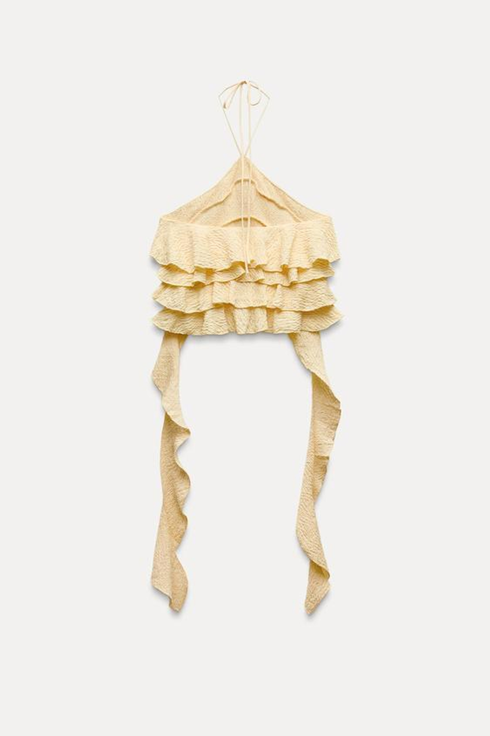 ZARA УКОРОЧЕННЫЙ ТОП ИЗ РЕЛЬЕФНОЙ ТКАНИ С ГОРЛОВИНОЙ ХАЛТЕР И ВОЛАНАМИ, ЖЕЛТЫЙ