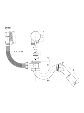 Сифон для ванны АНИ Пласт трубный полуавтоматический, 1 1/2 дюйма x 40 мм, переходная трубка, 45 гр, 40/50 EM311 025-0045