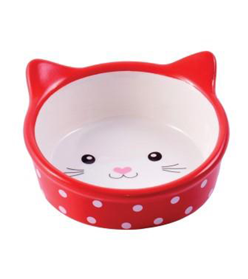 Mr.Kranch Миска керамическая для кошек Мордочка кошки 250 мл красная в горошек (32010)