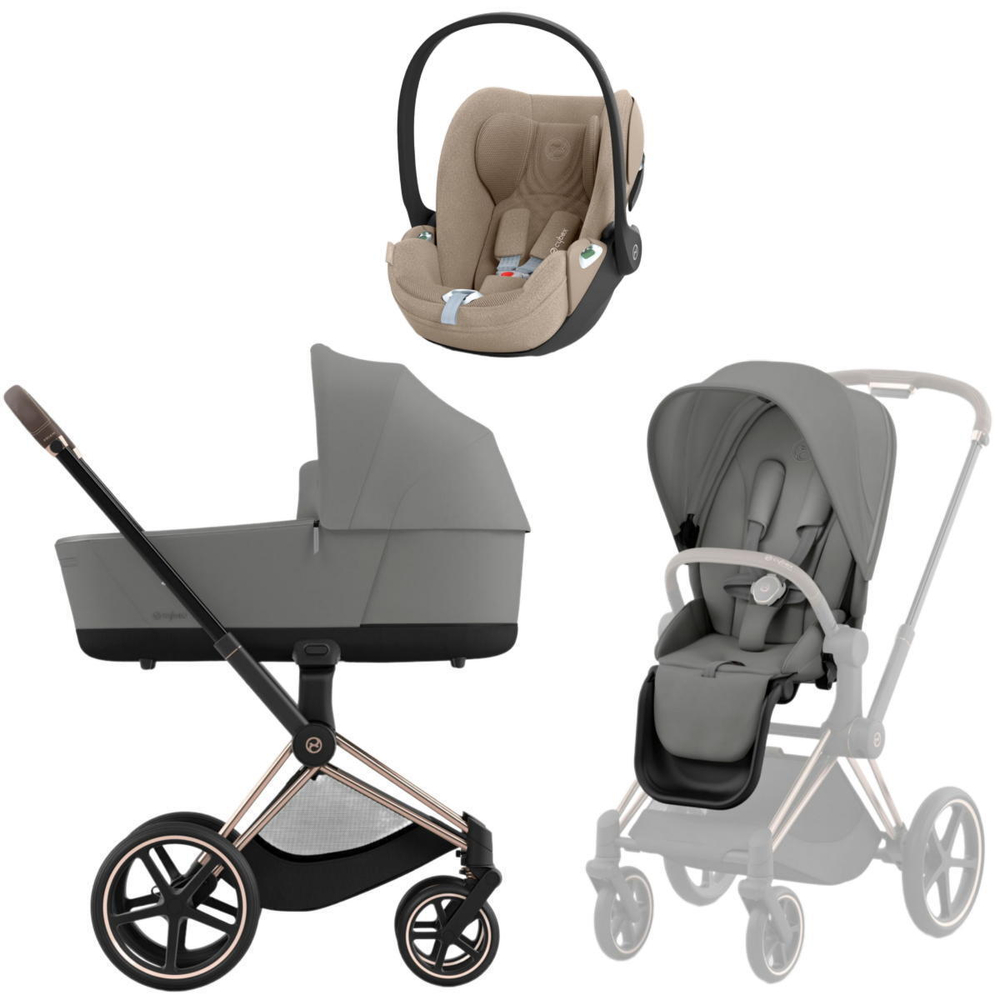 Коляска 3 в 1 Cybex Priam IV Rosegold complete и автокресло Cloud T i-Size Cozy Beige Plus Mirage Grey