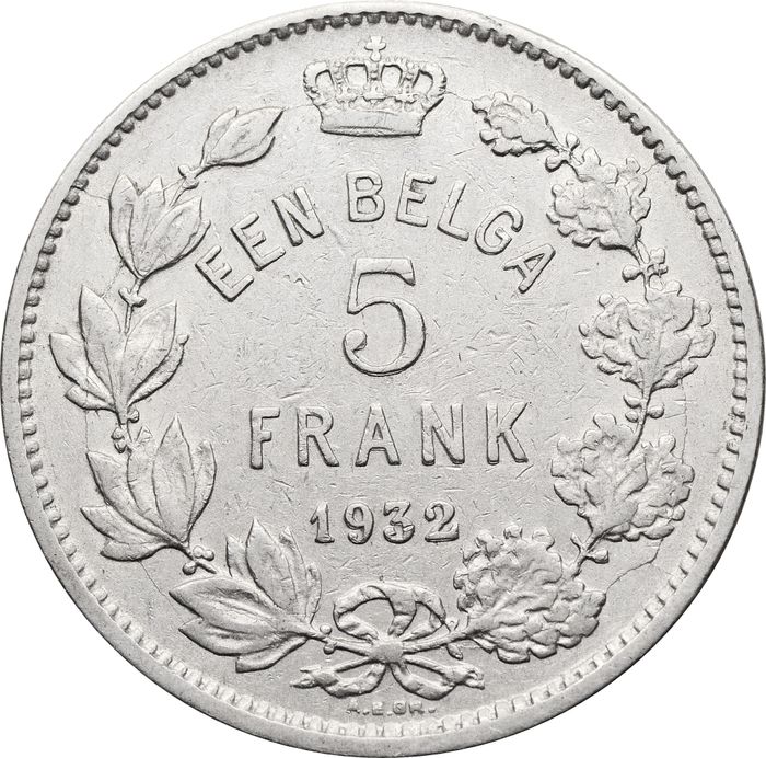 5 франков 1932 Бельгия (Надпись на голландском - ALBERT KONING DER BELGEN)