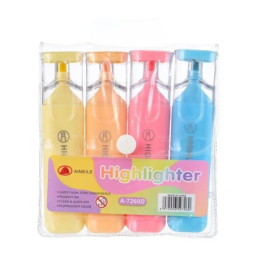 Маркер текстовыделитель Aimeile, в цветном корпусе, 13 см, разноцветные пастельные, набор 4 шт